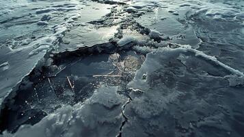 The frozen surface of a lake begins to crack and break as the spring thaw transforms it into liquid photo