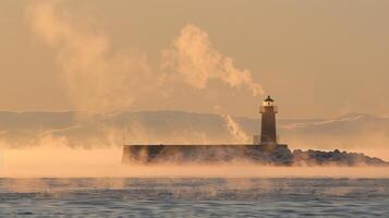 In the distance the outline of a lighthouse disappears and reappears as the sea smoke shifts with the wind photo