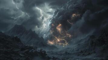 The ashen clouds light up with bolts of molten lightning a terrifying sight in an already ominous landscape photo
