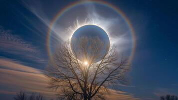 A full moon is encircled by a striking halo giving the impression of a glowing eye in the sky photo