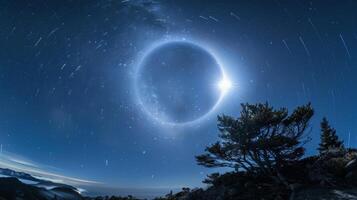 A dazzling halo around the moon appears to be made of sparkling diamonds adding a touch of magic to the night sky photo