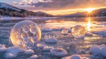 A delicate balancing act as ane bubbles seem to float effortlessly within a frozen lake photo