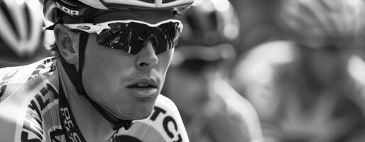 The focused gaze of a cyclist as they navigate through a sea of competitors on the track photo