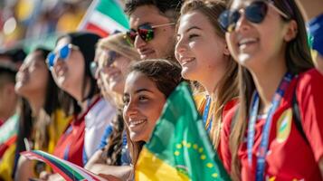 Homemade signs representing different cultures and nationalities showing the diverse fanbase at the stadium photo