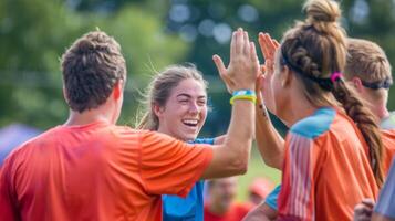 Strangers highfive and hug each other in a display of sportsmanship and camaraderie photo