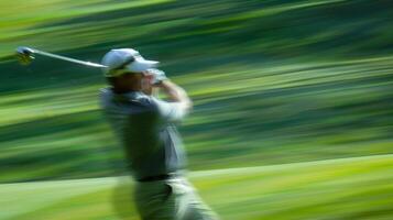 The blur of motion as a golfer swings their club with full force photo