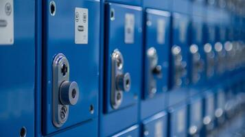 A closeup of the lockers combination locks ensuring the safety and security of players personal belongings photo