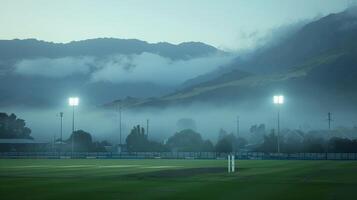 Mysterious mist rolling over the mountains in the backdrop of the cricket grounds creating a surreal atmosphere for the game photo
