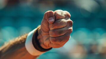 The satisfaction and confidence displayed in the clenched fist of a tennis player after winning a match point photo