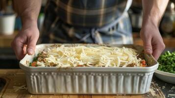 A person is sprinkling shredded cheese on top of a casserole dish before baking it in the oven photo
