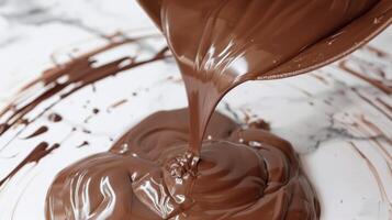 A spoon filled with chocolate is pouring the creamy liquid into a white bowl, creating a delicious treat photo