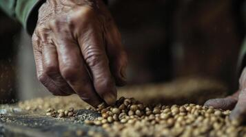 A man is seen creating something with various nuts on a table photo