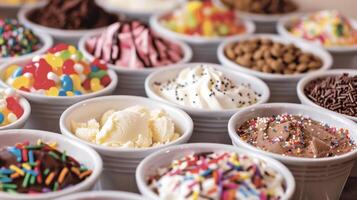 Close up view of a diverse assortment of colorful and delicious ice cream flavors, showcasing different textures and toppings photo