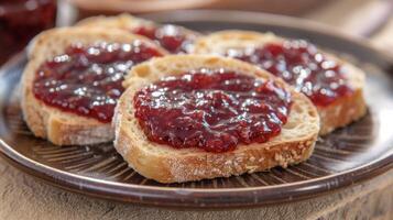 A plate with two slices of bread topped with jam photo