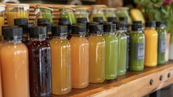 A variety of different types of juice bottles neatly arranged and displayed on a shelf in a store photo
