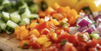 Various vegetables including carrots, bell peppers, and onions are finely chopped on a wooden cutting board photo