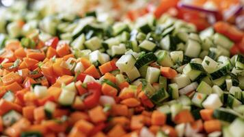 Various freshly chopped vegetables neatly arranged in a pile on top of a table photo