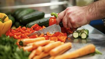 A person prepares a meal by cutting various vegetables on a wooden cutting board photo
