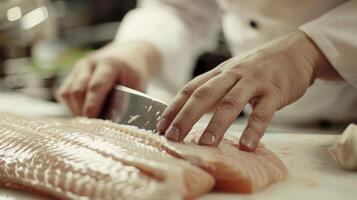 A person is skillfully cutting a fish on a wooden cutting board with a sharp knife photo