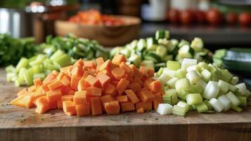 A cutting board with a variety of vegetables, such as tomatoes, bell peppers, and onions, chopped and ready for cooking photo