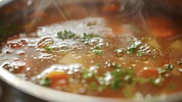 un detallado ver de un maceta lleno con humeante sopa y sabroso caldo, exhibiendo el ingredientes y textura de el plato foto