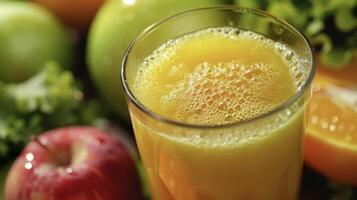 A glass of orange juice is positioned next to a colorful pile of assorted fruit, including apples, bananas, and oranges, on a table photo