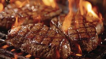Thick steaks sizzling on a hot grill, flames licking the meat, creating a charred crust and juicy interior photo