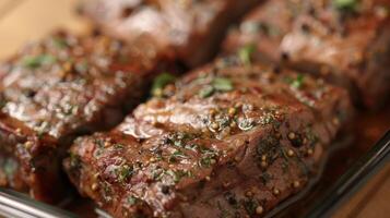 A close-up view of a plate with meat served on it, accompanied by a fork photo