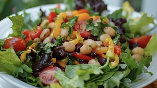 un ensalada que comprende frijoles, Tomates, y lechuga pulcramente arreglado en un bol, creando un vistoso y nutritivo comida foto