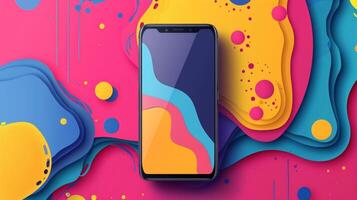 A funky and colorful background with a blank smartphone screen ideal for showcasing a creative and artistic mobile app design photo