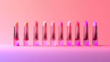 A lineup of mockups for lipstick bullets with a gradient ombre design and a modern sansserif font for the logo photo