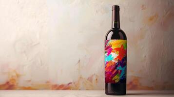 An artistic wine bottle with a label designed to look like a canvas painting featuring a vibrant abstract design and handwritten text photo