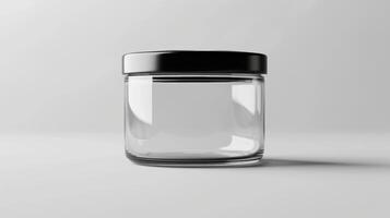 Blank mockup of a sleek and modern glass jar ideal for storing salad dressings or homemade sauces photo