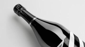 Blank mockup of a sparkling wine bottle with a bold label featuring a black and white graphic design photo