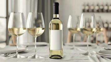 Blank mockup of a white wine bottle with a clean and minimal label featuring bold black typography photo