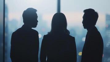 Against a sleek corporate backdrop a group of colleagues stand in silhouette deep in conversation about ways to boost sales and maximize . photo