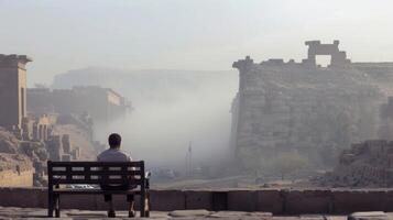 A man sits alone on a bench back hunched over as looks out at the ancient ruins. The peacefulness of the moment is interrupted . photo
