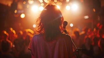 A singer stands with back to the audience microphone in hand belting out a powerful note. The crowd is mesmerized by performance . photo