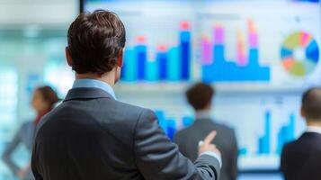 In the foreground a businessman stands with back to the camera pointing at a graph displayed on the presentation screen. colleagues . photo