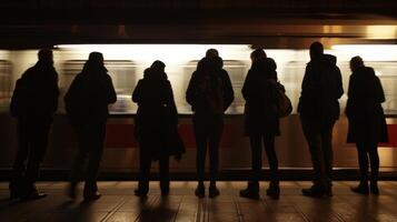 Against the backdrop of a fastmoving train a group of silhouetted figures stand on the platform backs turned towards the camera . photo