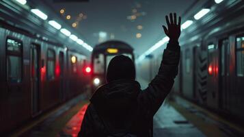 In the dimly lit tunnel of a subway station a person stands with back to the camera waving goodbye to a loved one on a departing . photo