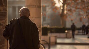 An older gentleman back hunched and cane in hand takes a moment to rest against a nearby column away from the cameras view. . photo