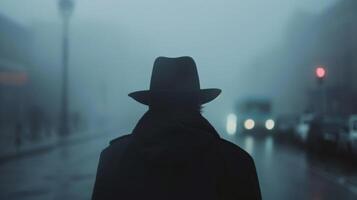 Someone walks towards the camera with back hunched a fedora hat pulled low over eyes. The foggy street adds to the sense . photo