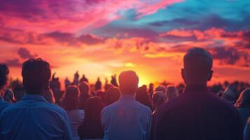 Against the backdrop of a vividly colored sky a congregation gathers for a religious ceremony at dusk. From the back we see a diverse . photo