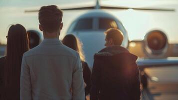 A group of young professionals stand side by side backs to the camera as they admire the sleek private jet in front of them. . photo