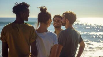 un grupo de cuatro personas grupo juntos cuerpo idioma sugerencia animado conversacion y compromiso. el sonido de el Oceano olas . foto