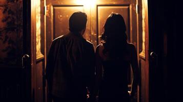 Two people backs to the camera stand in the shadows of the closed saloon doors. hushed whispers suggest they may be sharing . photo