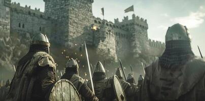 A group of warriors armed with swords and shields stand in front of the towering castle walls their backs to the viewer. The sound . photo