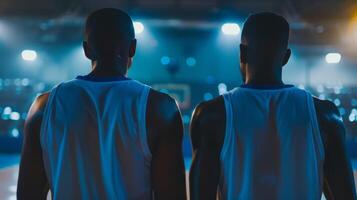 Two basketball players stand side by side facing away from the camera as they prepare to defend against opponents on the court. . photo