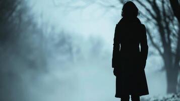 A woman in a long coat stands stoically her silhouette facing the side show as a mysterious figure seems to emerge from the shadows . photo